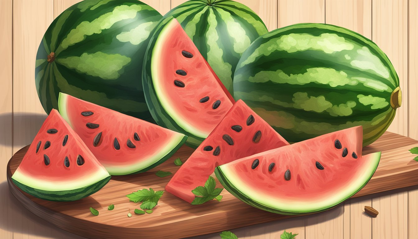 A ripe watermelon sliced into wedges and sprinkled with tajin seasoning on a wooden cutting board