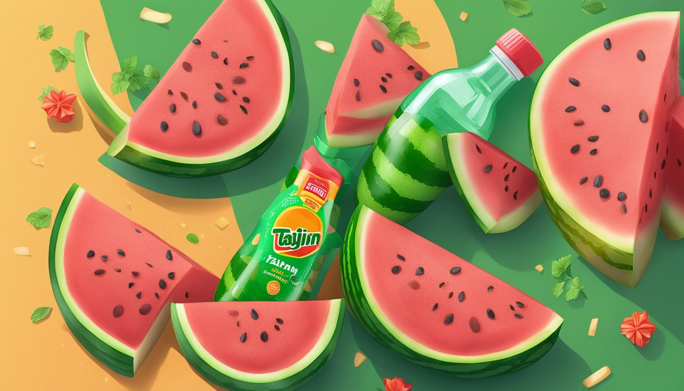 A juicy watermelon sliced open and sprinkled with Tajin seasoning, with a Tajin bottle nearby