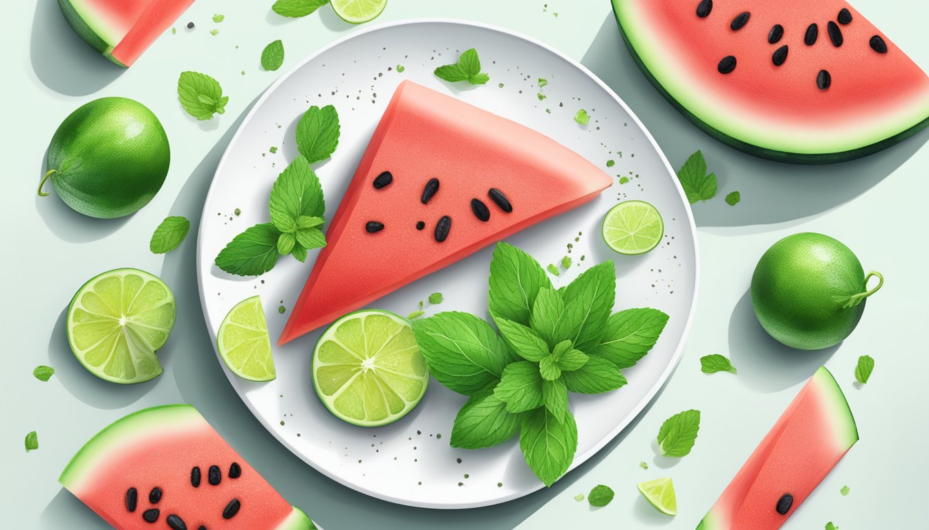 A sliced watermelon with tajin seasoning arranged on a white plate, garnished with fresh mint leaves and a sprinkle of lime juice