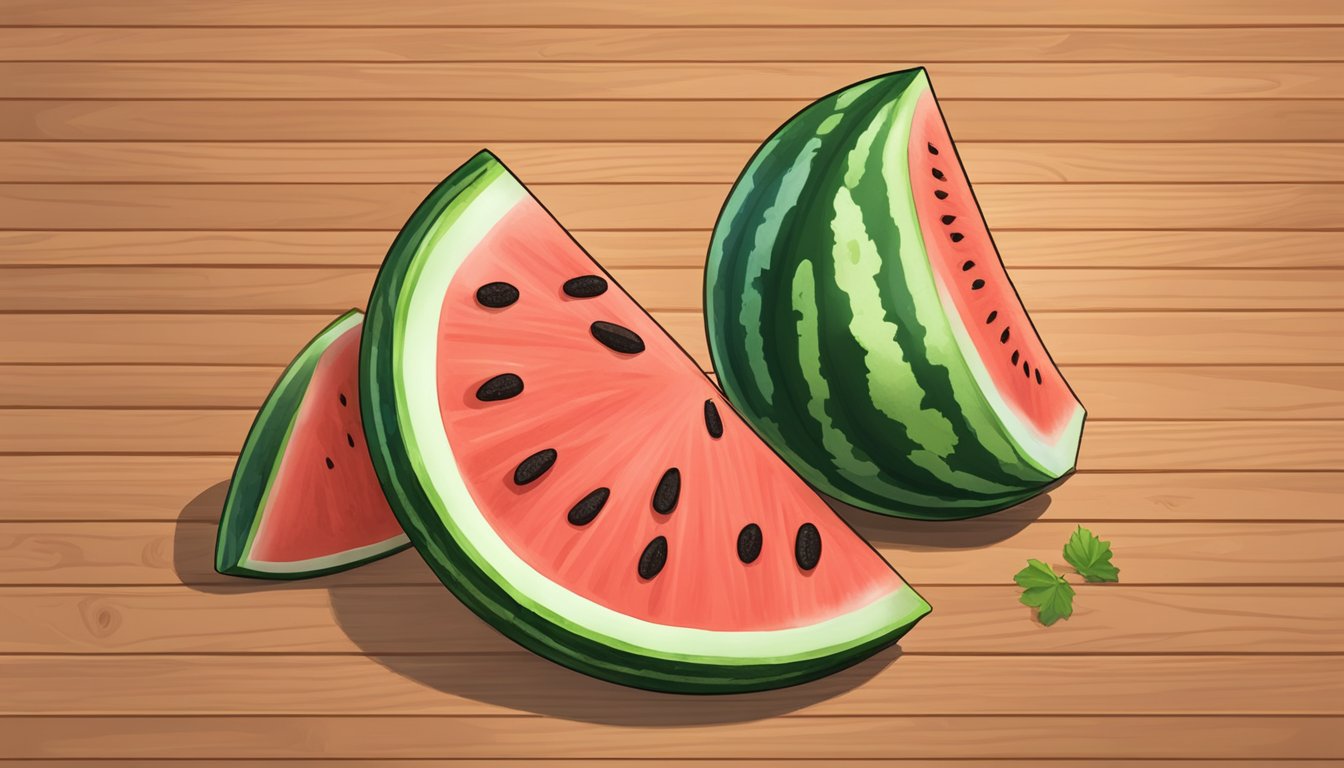 A juicy watermelon sliced and sprinkled with tajin seasoning on a wooden cutting board