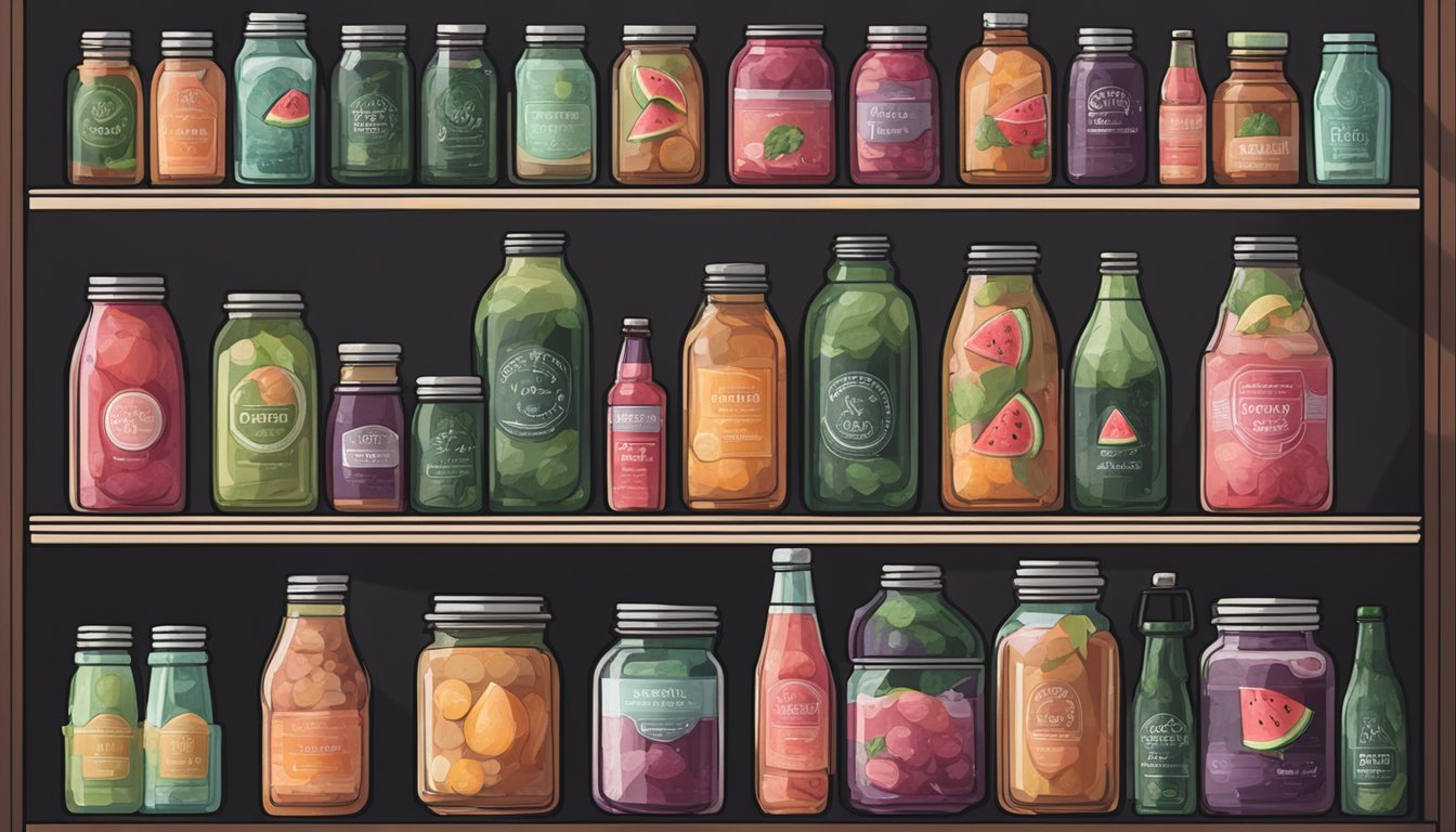 A glass bottle of watermelon kombucha sits on a shelf in a cool, dark pantry, surrounded by other bottles and jars of preserved goods