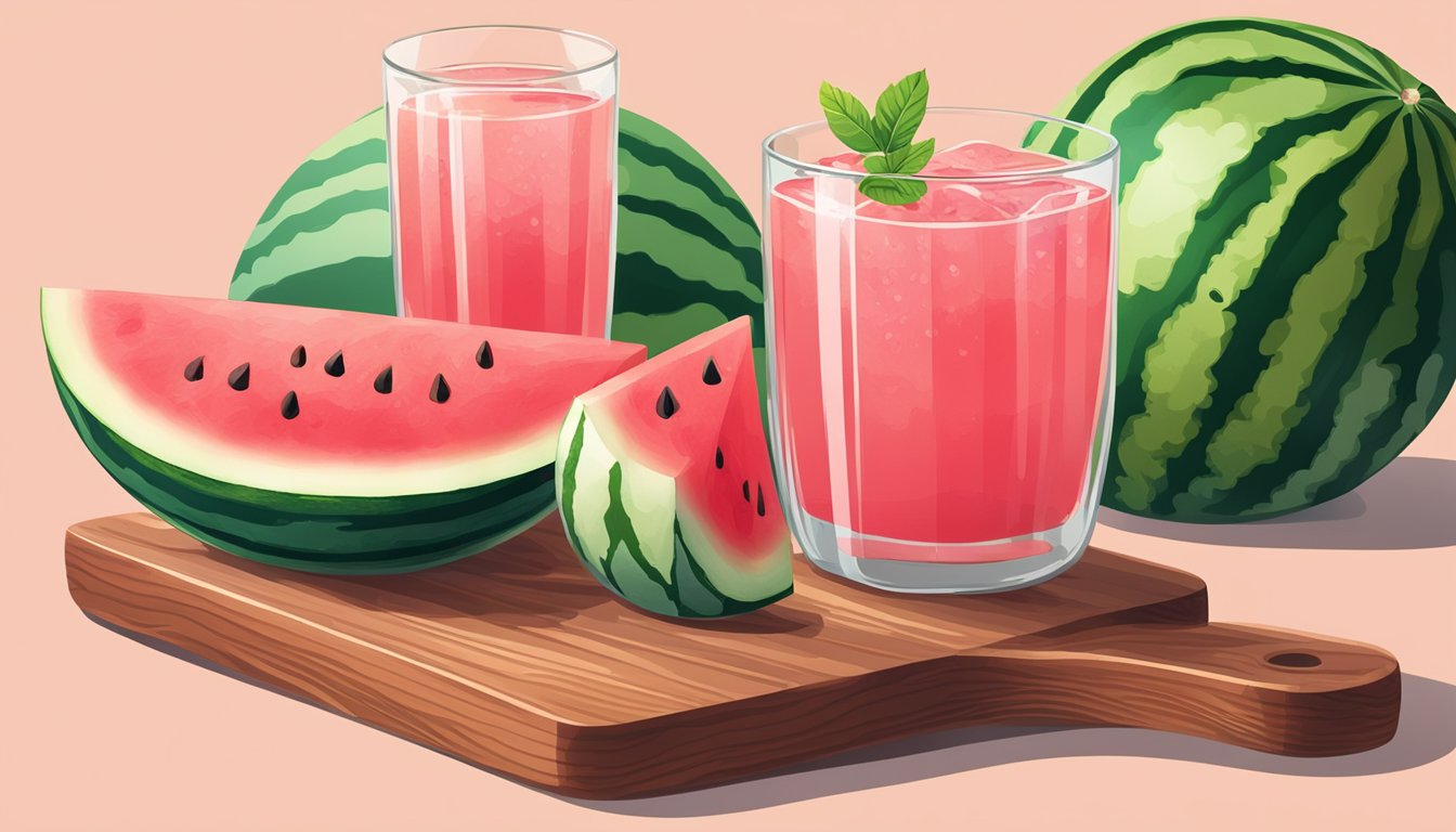 A glass of watermelon kombucha next to a sliced watermelon on a wooden serving board