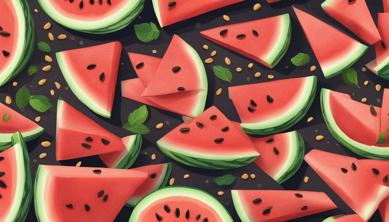 A juicy watermelon cut into wedges and sprinkled with Tajin seasoning sits on a wooden cutting board, surrounded by scattered seeds and a few scattered slices