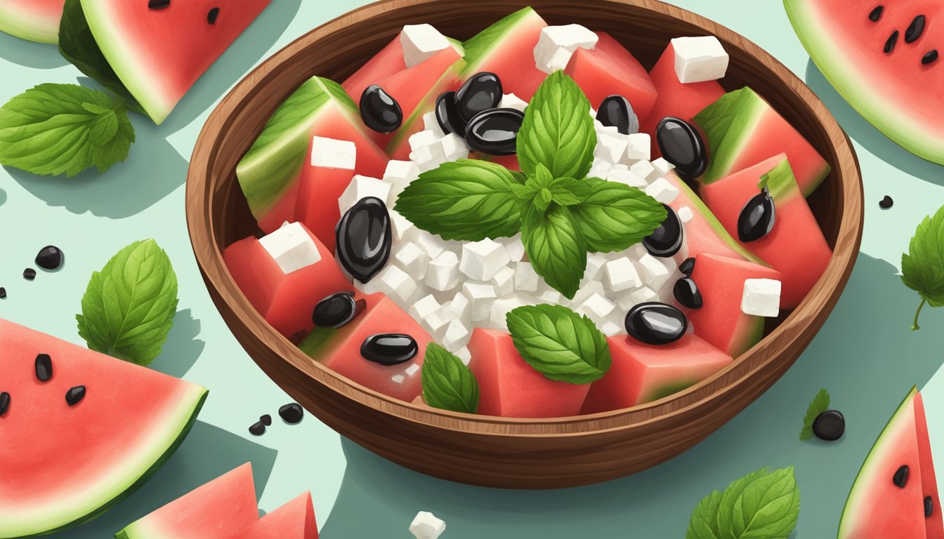 A wooden bowl filled with cubed watermelon and crumbled feta, garnished with fresh mint leaves and drizzled with balsamic glaze