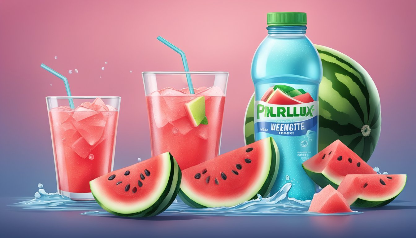 A watermelon electrolyte drink sits next to a commercial sports drink, surrounded by slices of fresh watermelon and a refreshing pool of water