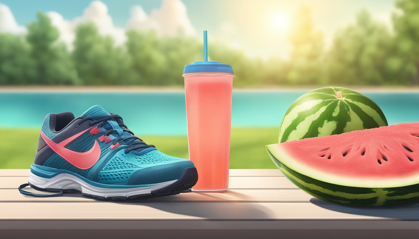 A watermelon electrolyte drink sits on a table next to a pair of running shoes and a sweat towel, with a backdrop of a sunny outdoor exercise scene