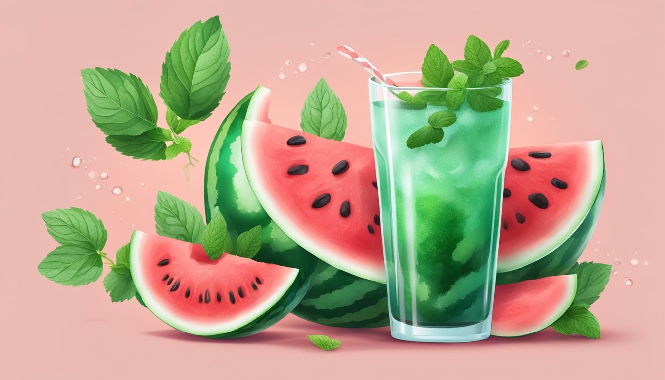 A watermelon being sliced open, with the juice dripping into a glass filled with electrolyte powder, surrounded by fresh mint leaves