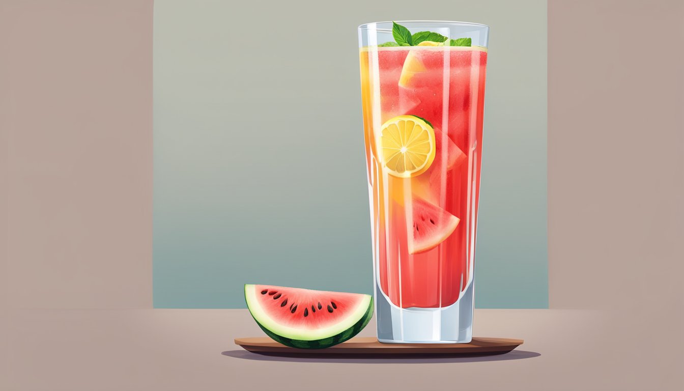 A tall glass filled with a vibrant red watermelon-lemon beverage, garnished with a slice of watermelon and a wedge of lemon on the rim