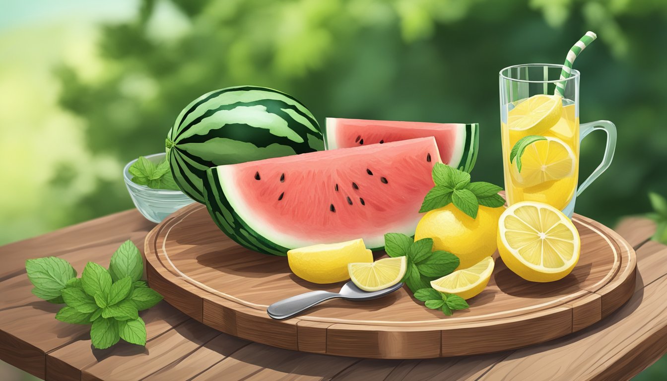 A sliced watermelon with lemon wedges arranged on a wooden platter, garnished with mint leaves and served on a rustic outdoor table