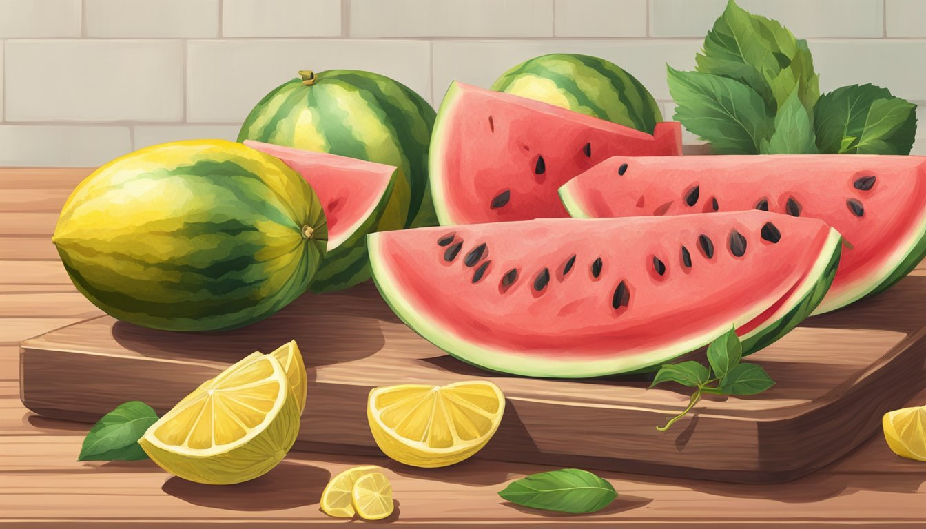 A juicy watermelon sliced open with lemon wedges scattered around it on a wooden cutting board