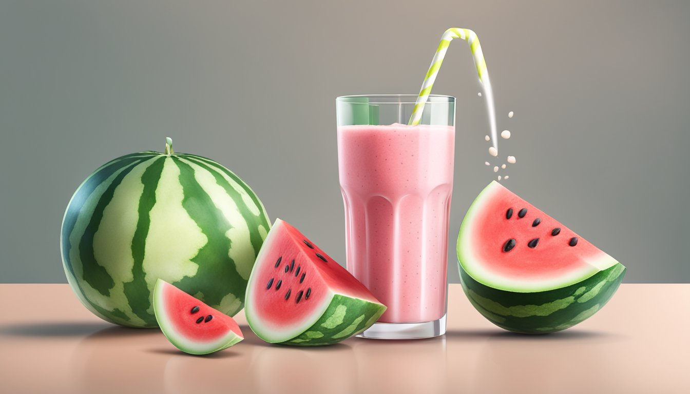 A refreshing watermelon yogurt smoothie being poured into a glass with watermelon slices and yogurt container in the background