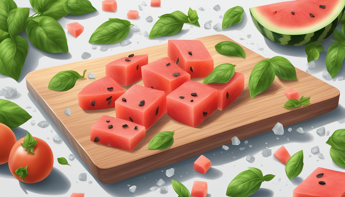 A cutting board with diced watermelon and sliced tomatoes, surrounded by scattered basil leaves and a small pile of salt and pepper