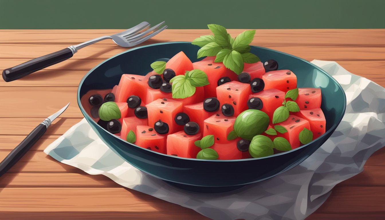 A colorful bowl of diced watermelon and tomato, mixed with fresh herbs and drizzled with balsamic glaze, sits on a wooden table