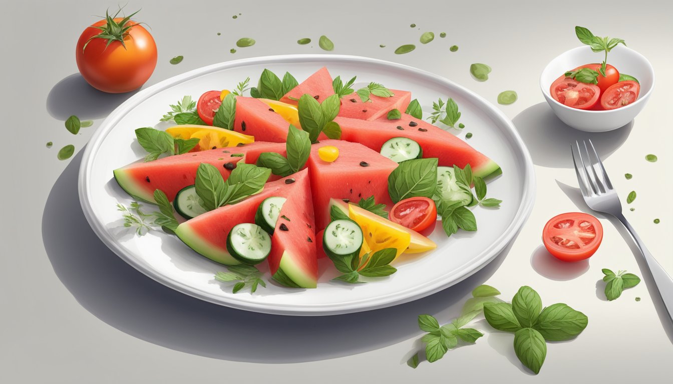 A vibrant watermelon and tomato salad is elegantly arranged on a white porcelain plate, garnished with fresh herbs and drizzled with a light vinaigrette