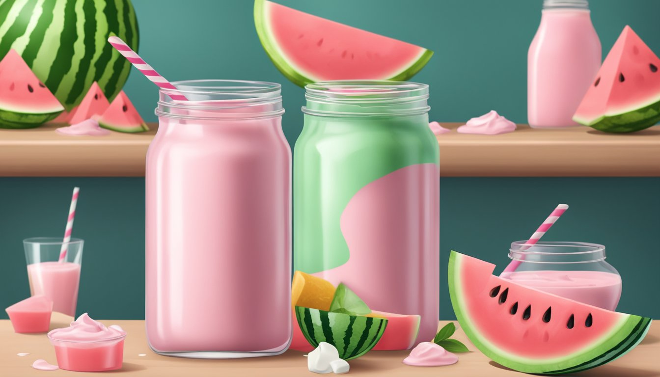 A glass jar filled with watermelon yogurt smoothie sits in the refrigerator. Pieces of watermelon and yogurt are scattered on the counter