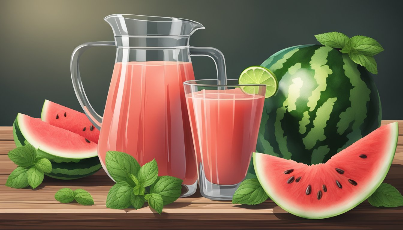 A glass pitcher filled with fresh watermelon juice sits on a rustic wooden table, surrounded by slices of watermelon and mint leaves