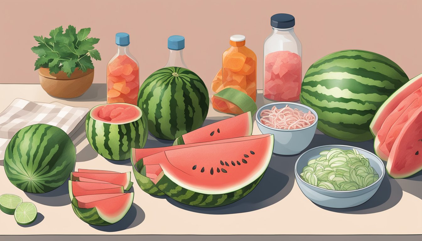 A colorful array of watermelon and kimchi ingredients arranged on a kitchen counter