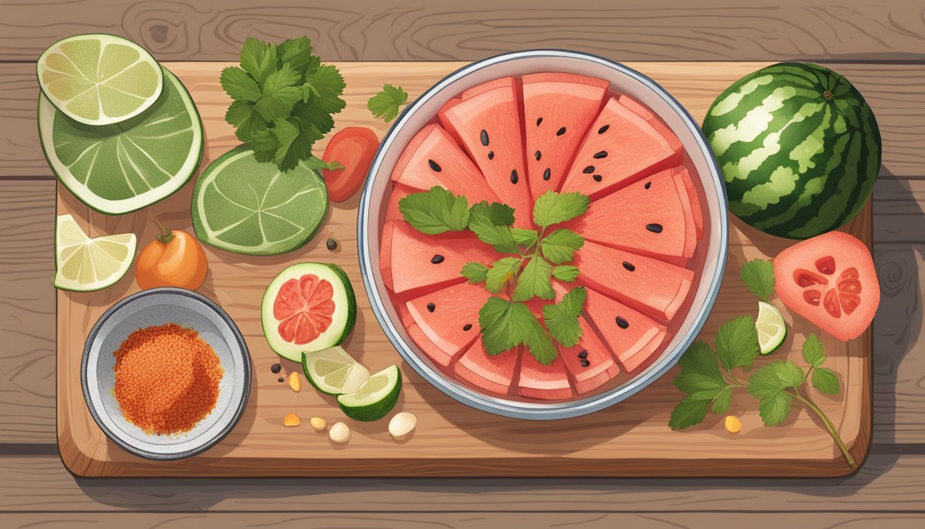 A bowl of watermelon kimchi surrounded by various seasonings and ingredients on a wooden cutting board