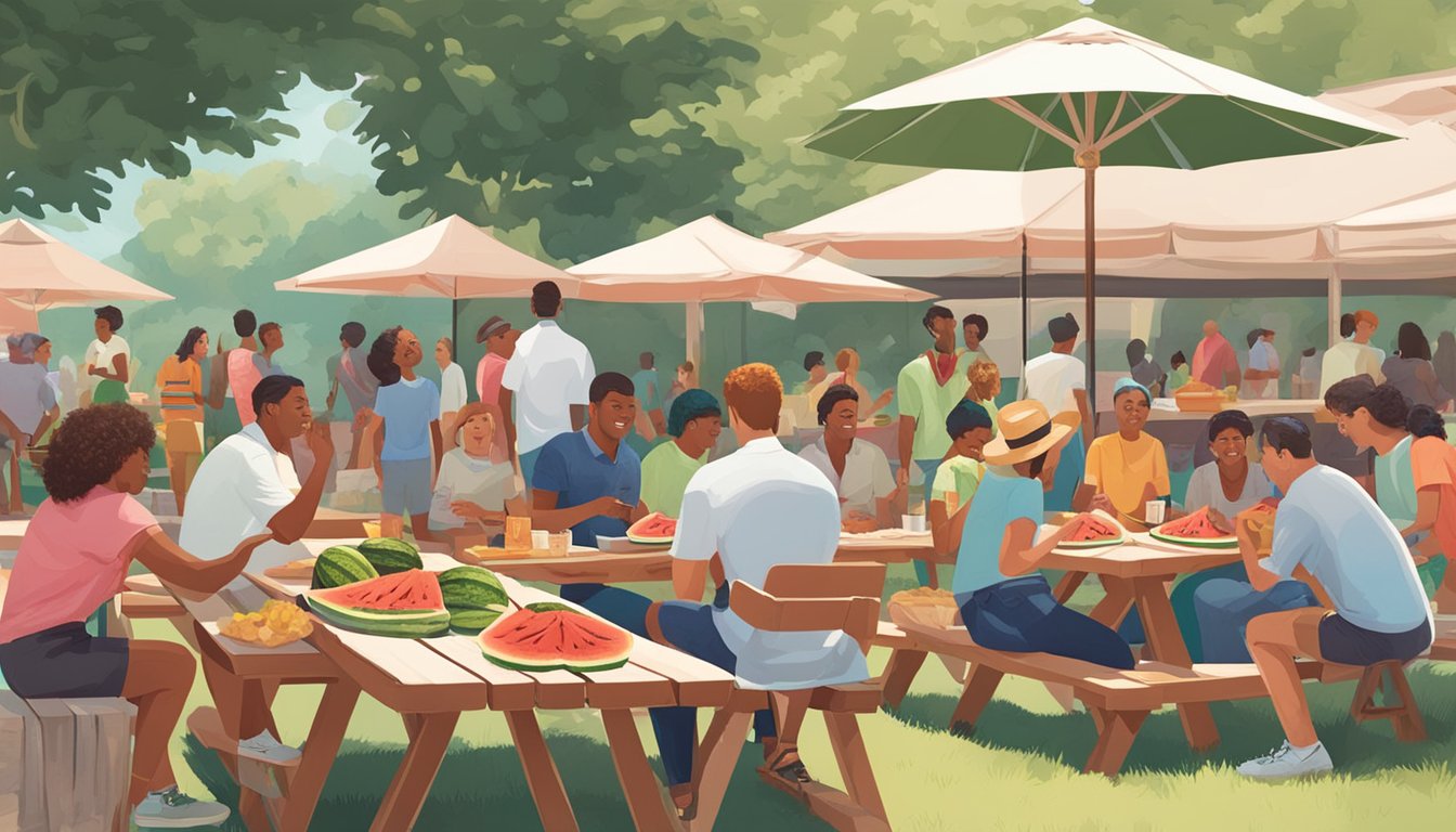 A picnic table with a large watermelon and a platter of fried chicken surrounded by people socializing