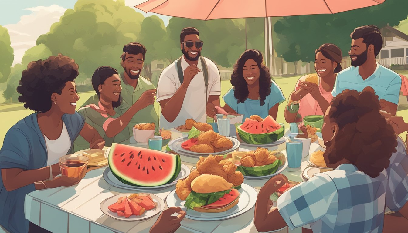 A picnic table with a watermelon sliced open and fried chicken on a platter, surrounded by a group of people enjoying the food