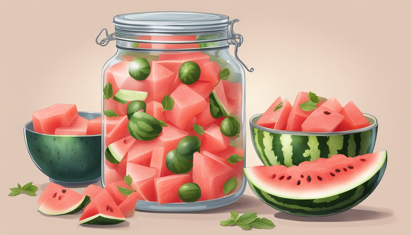 A glass jar filled with watermelon kimchi surrounded by fresh watermelon and traditional Korean ingredients