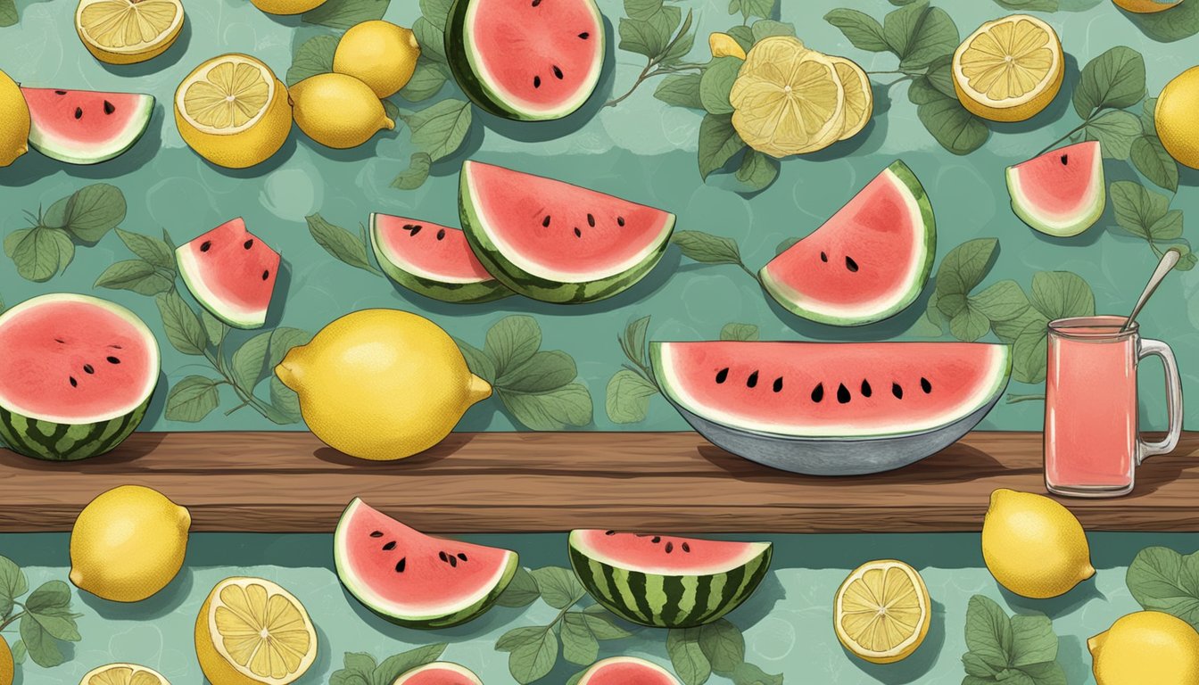 A rustic wooden table with a sliced watermelon and lemons scattered on top, surrounded by vintage kitchen utensils and a faded floral tablecloth