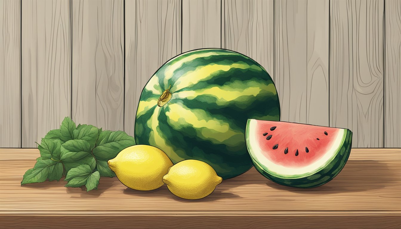 A watermelon and lemon sit on a wooden cutting board, ready to be sliced and juiced