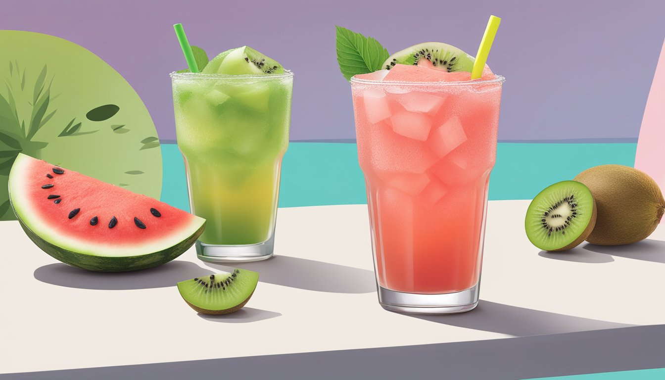 A refreshing watermelon kiwi refresher from Dunkin' Brand sits on a table with a slice of watermelon and kiwi beside it