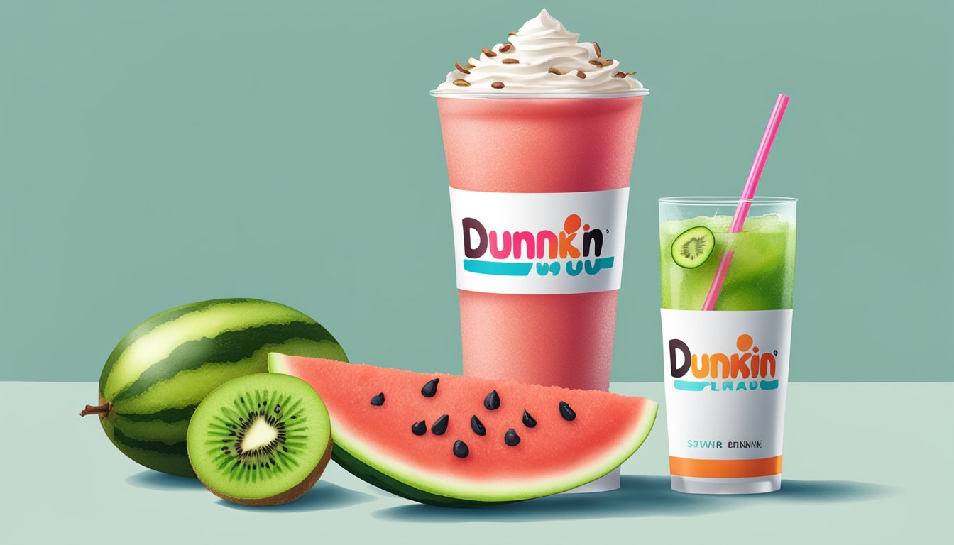 A watermelon and kiwi sitting next to a refreshing drink from Dunkin'