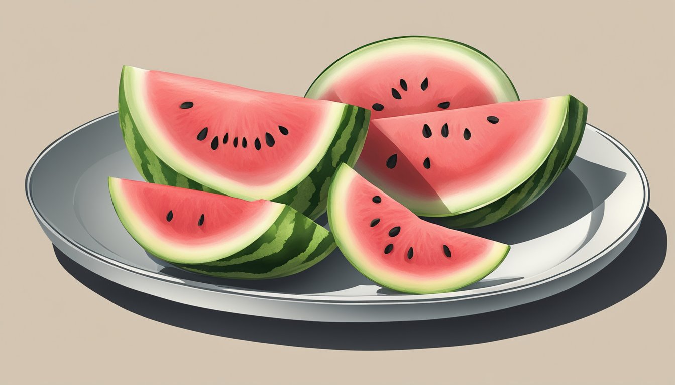 A watermelon cut into wedges and a sliced lemon arranged on a serving platter