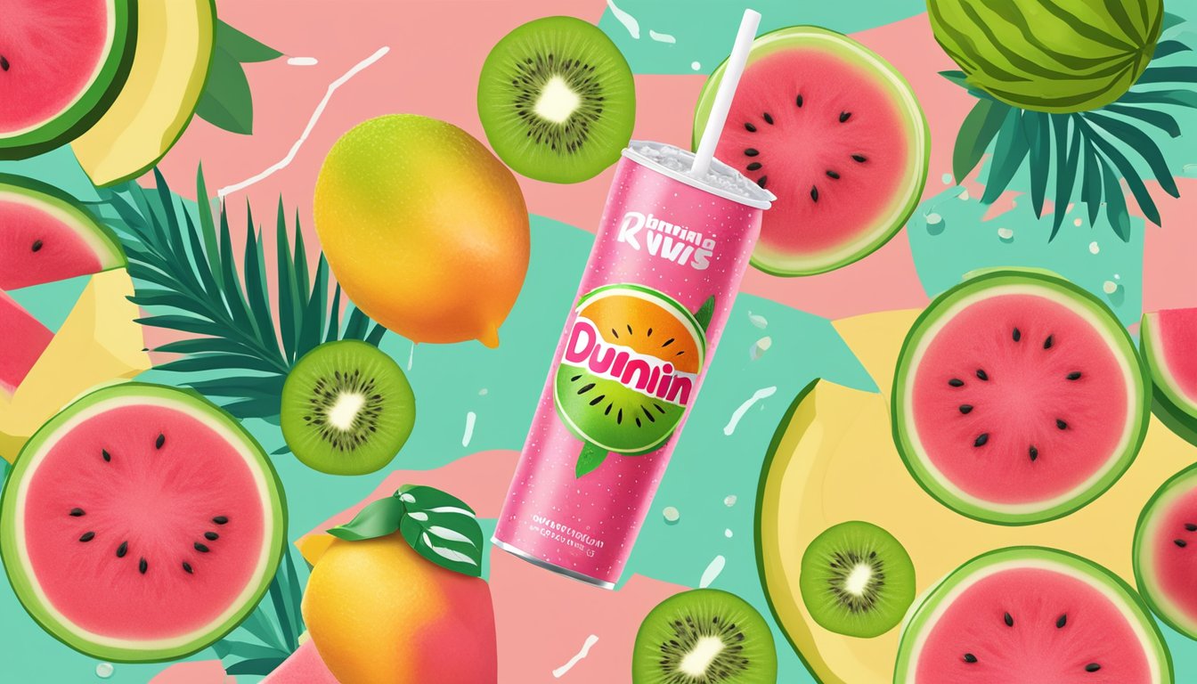 A refreshing watermelon kiwi drink surrounded by Dunkin' Rewards logo and tropical fruits