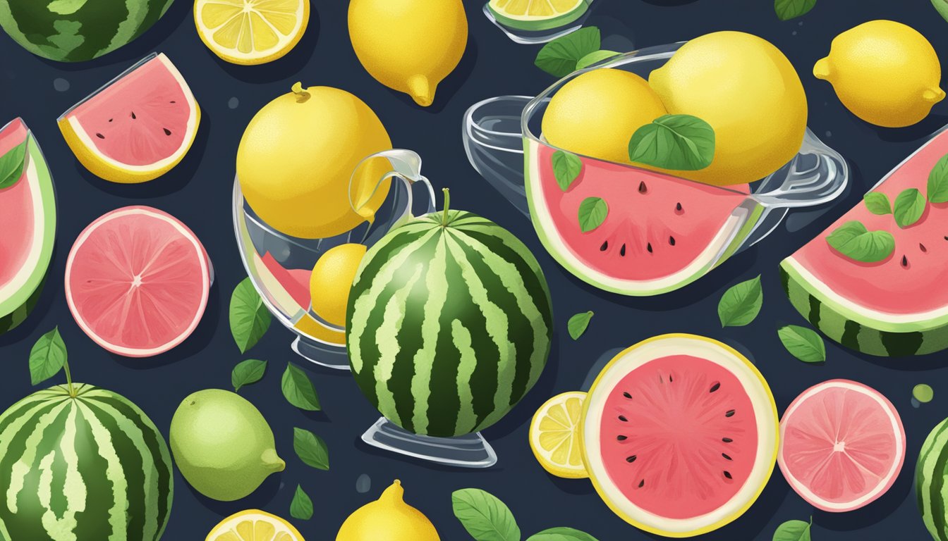 A watermelon and a lemon sitting on a wooden table, surrounded by slices of both fruits and a glass pitcher filled with a colorful liquid