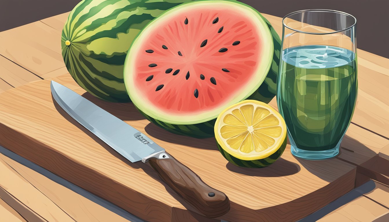 A watermelon and lemon sitting on a wooden cutting board with a knife and a glass of water next to them