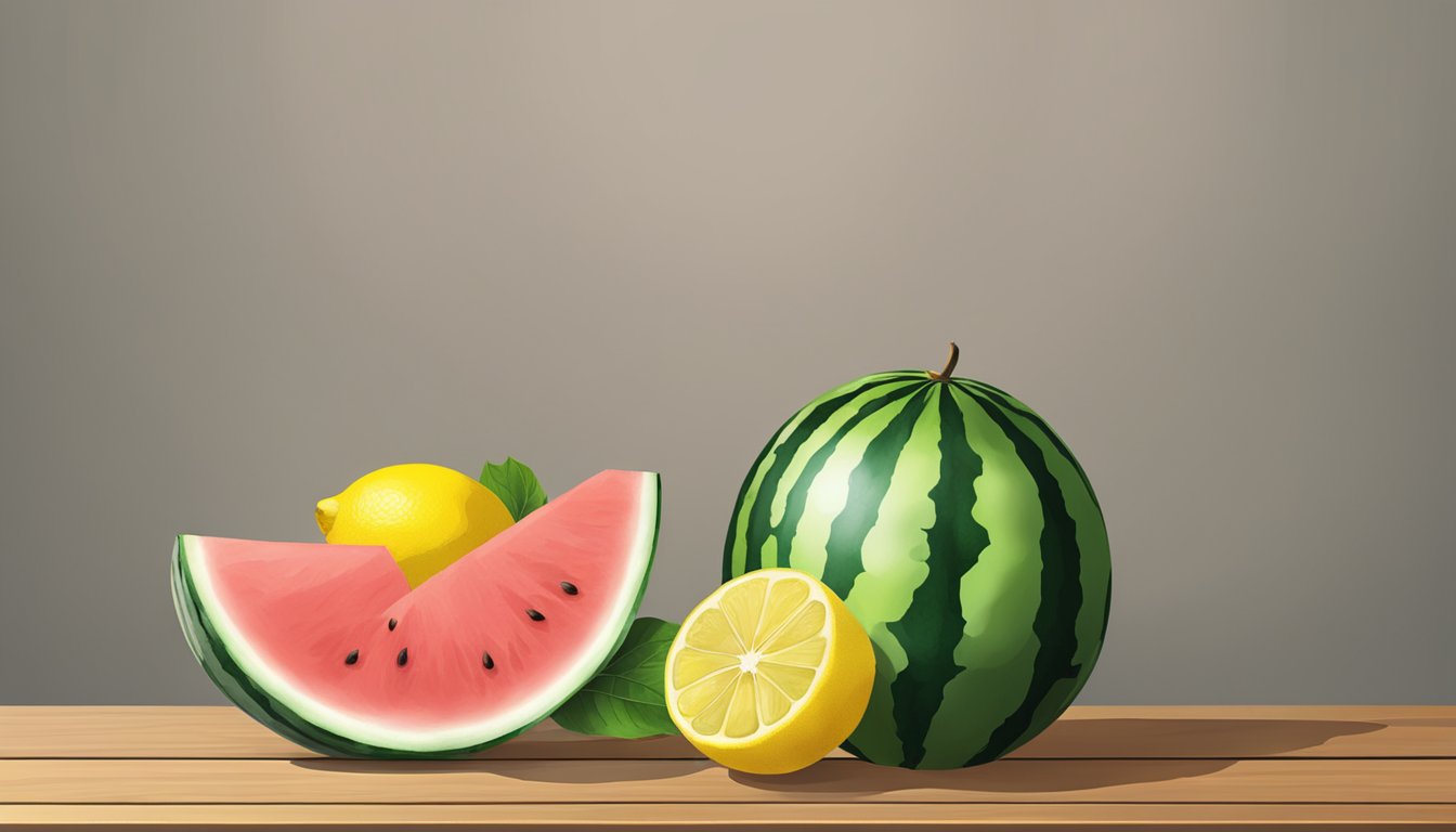 A watermelon and a lemon sit side by side on a wooden table