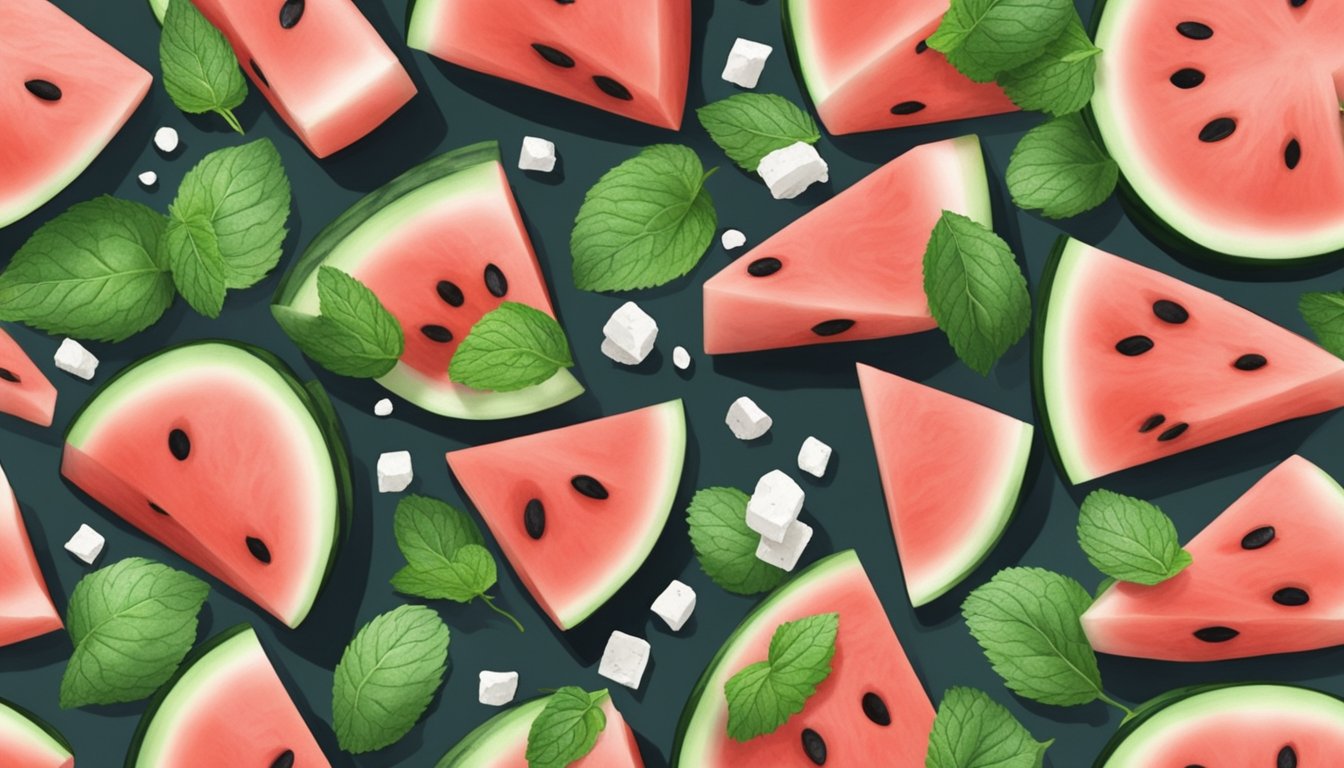 A sliced watermelon and feta cheese arranged on a wooden cutting board with scattered mint leaves