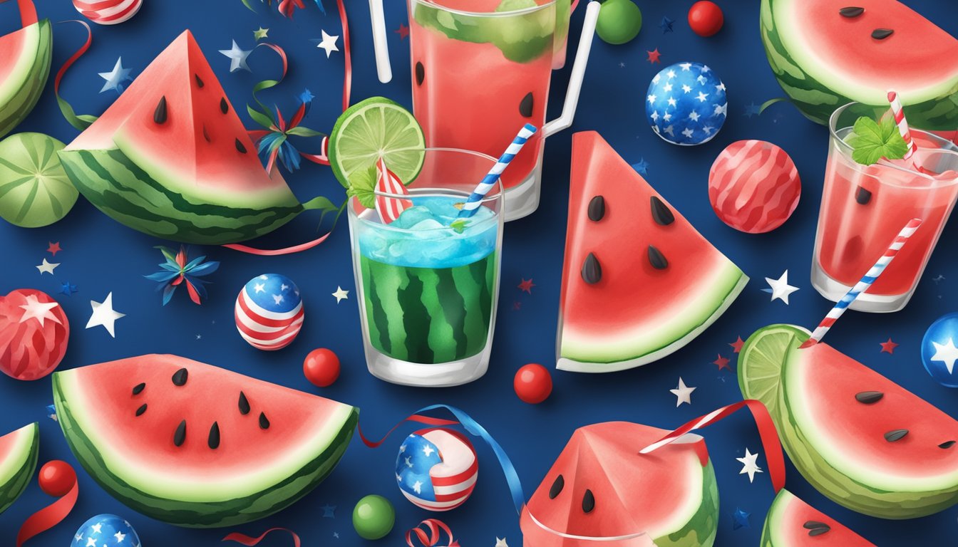 A watermelon drink with red and blue accents, surrounded by festive decorations and party supplies for a 4th of July celebration