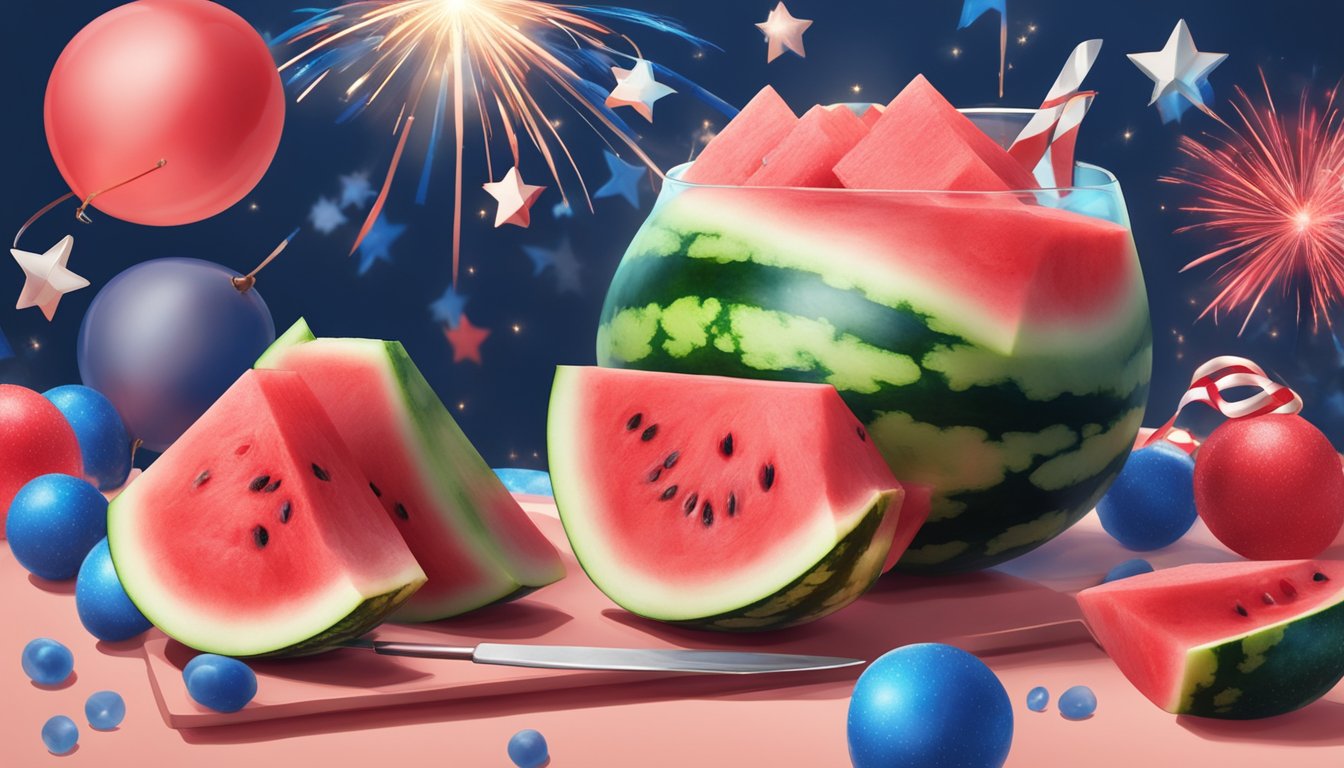 A watermelon being sliced and blended with red and blue liquids, surrounded by festive 4th of July decorations and sparklers