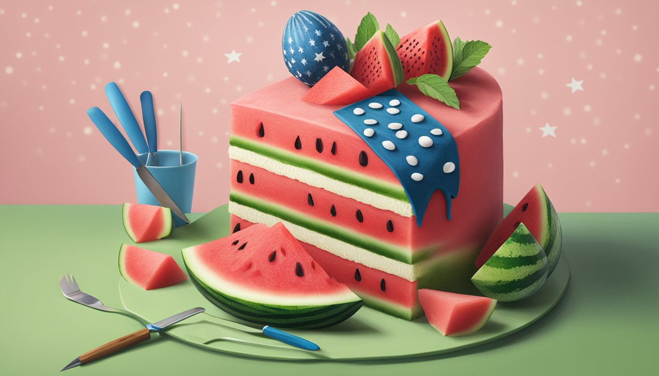 A watermelon being carved and shaped into a cake for 4th of July celebration