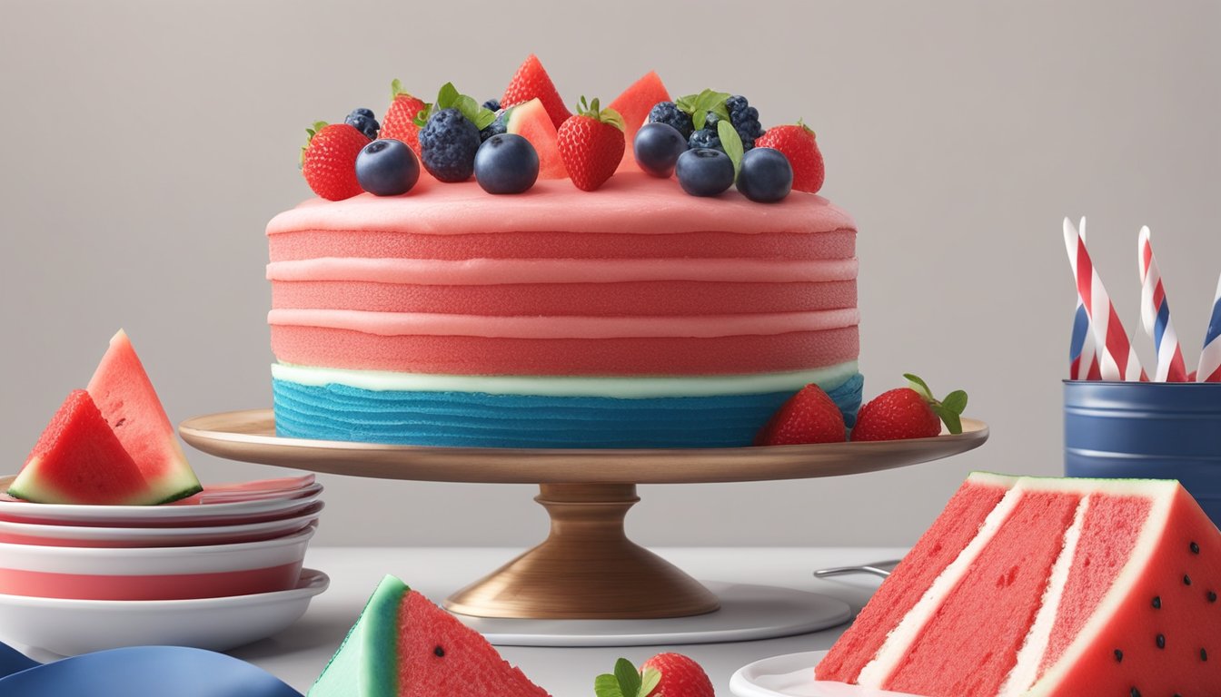 A watermelon-shaped cake being assembled with red, white, and blue frosting and decorative fruit toppings for a 4th of July celebration