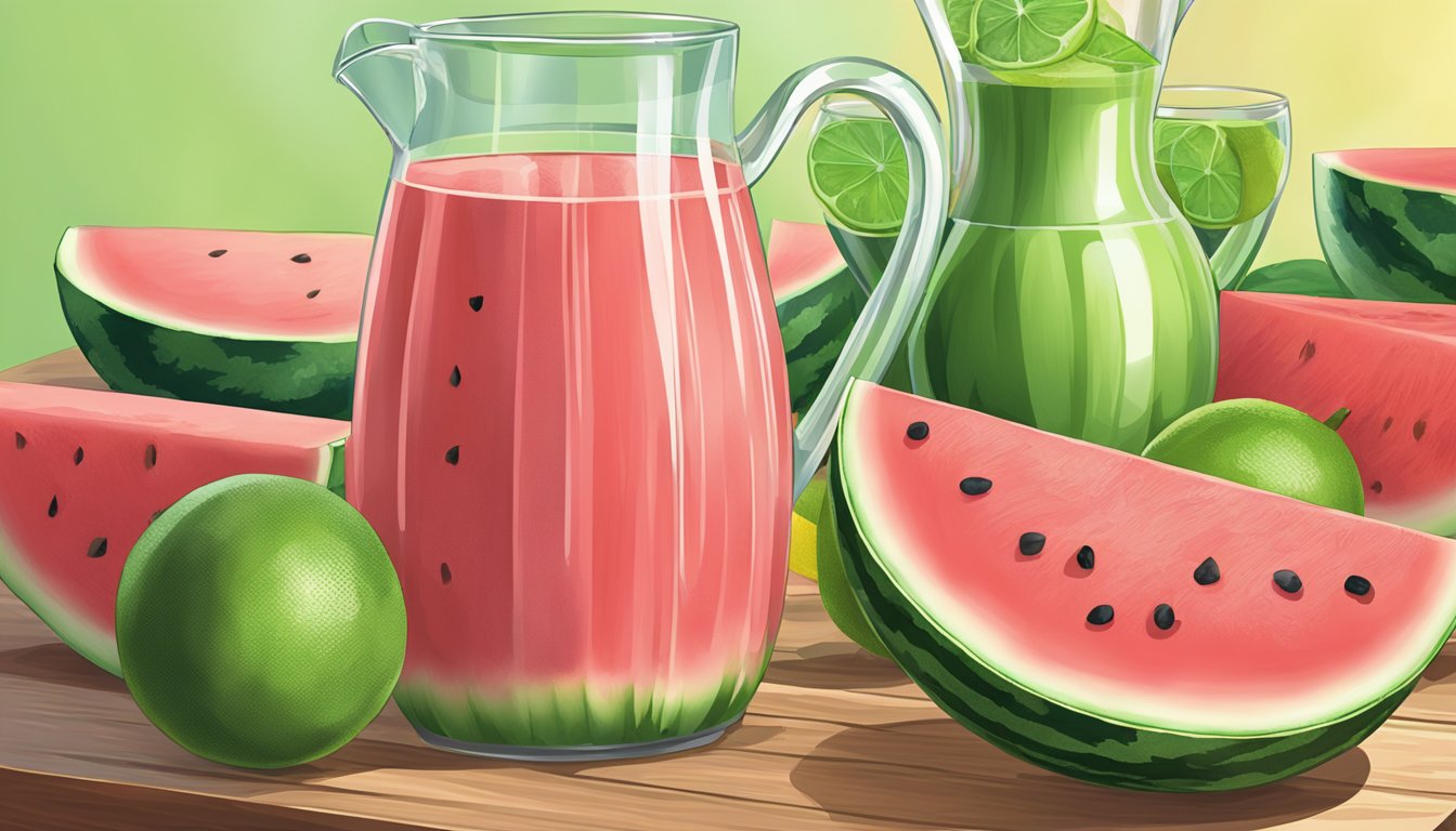 A watermelon and lime are sliced on a cutting board, with a pitcher and glasses nearby. The watermelon is being juiced into the pitcher