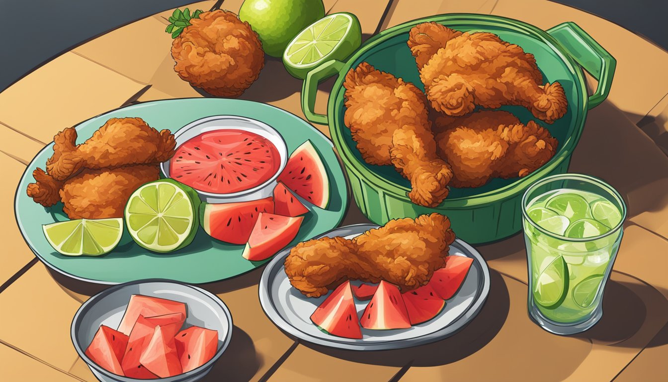 A table set with a bucket of fried chicken, watermelon slices, and glasses of limeade