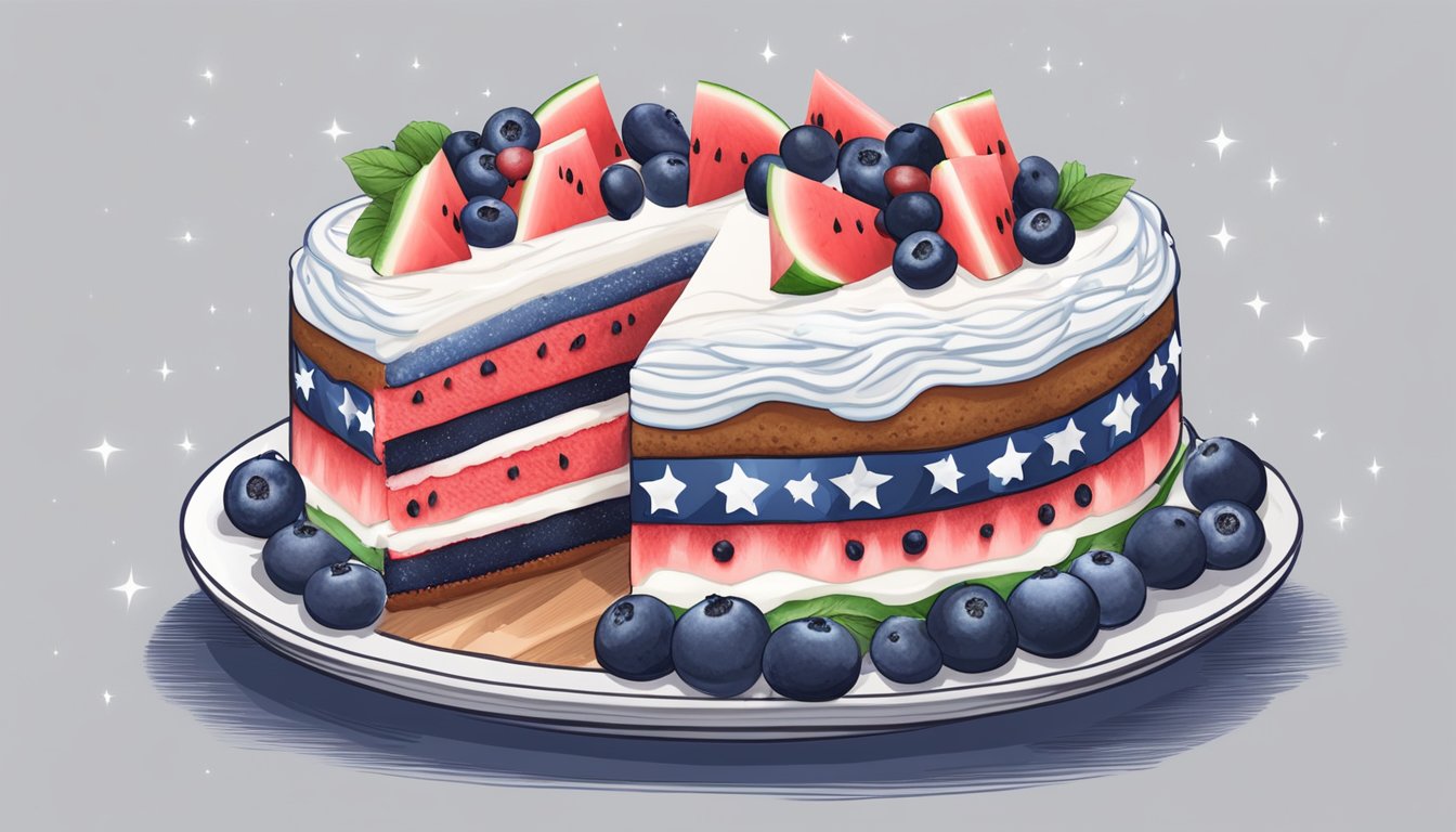 A festive 4th of July cake with watermelon slices and blueberries, adorned with whipped cream and sparklers, ready to be served