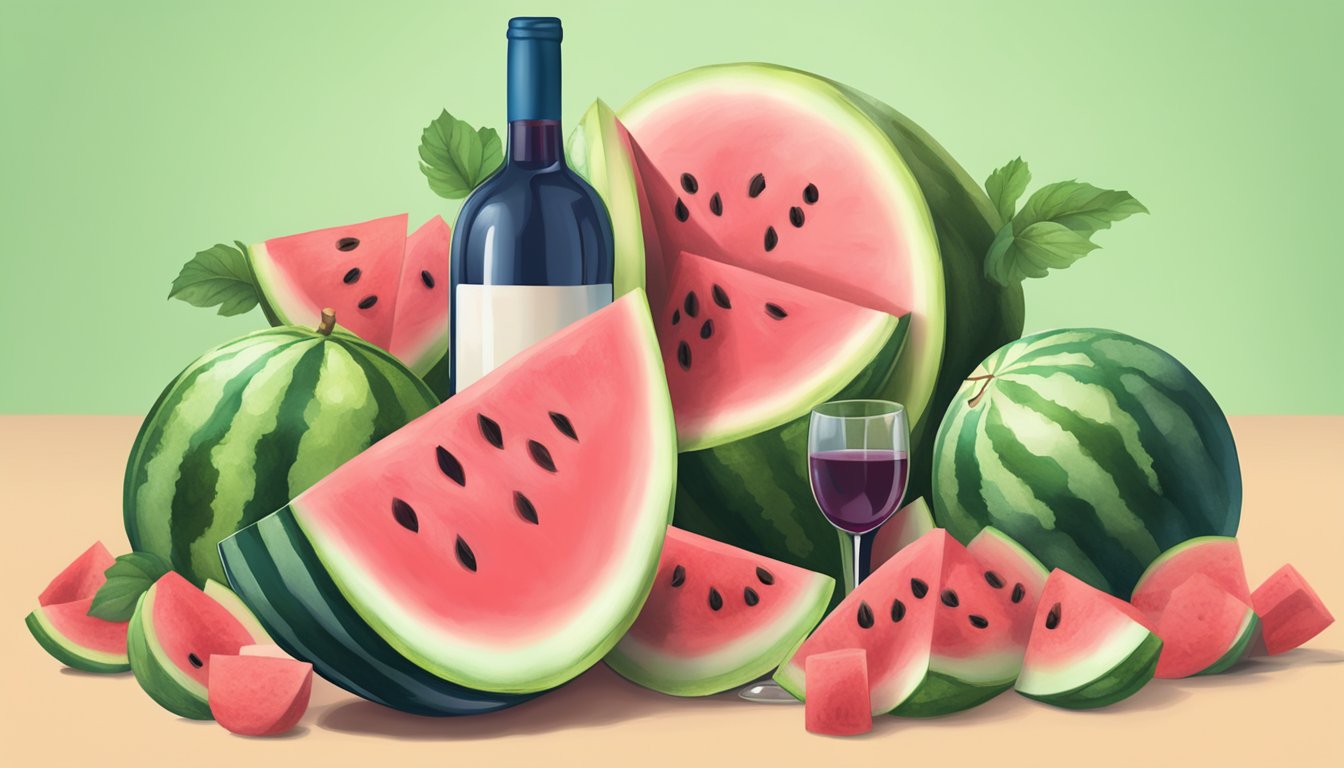 A large watermelon with a wine bottle sticking out of it, surrounded by smaller watermelons