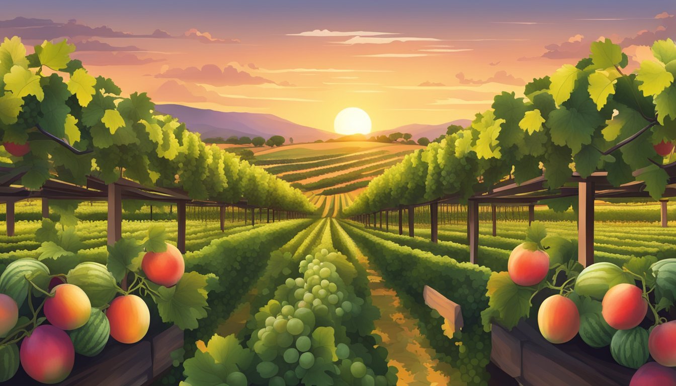 A vineyard at sunset, with ripe watermelons and grapevines intertwined, ready for the winemaking process