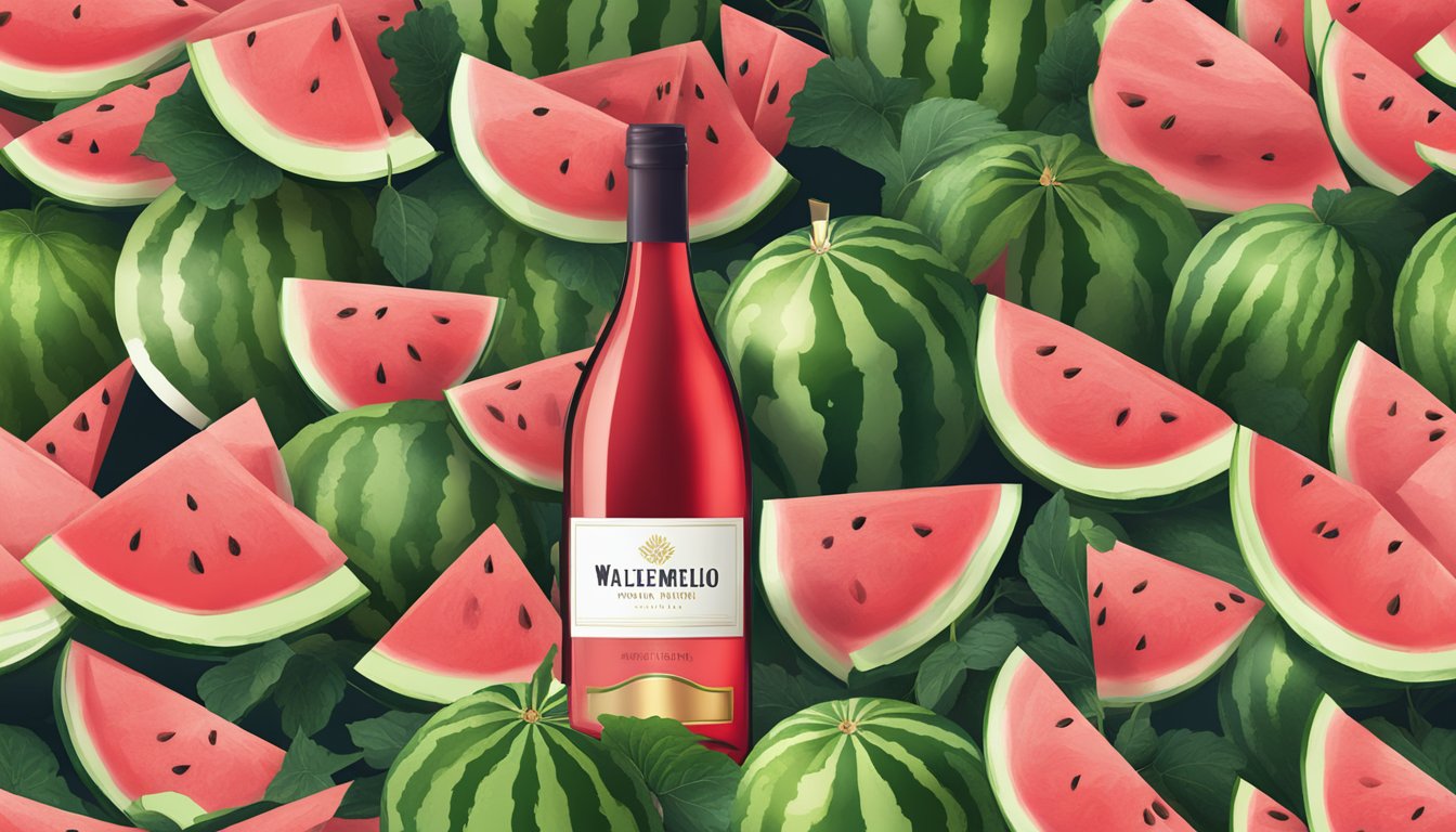 A watermelon xxl wine bottle with a slice of watermelon and a glass filled with the wine, surrounded by fresh watermelon slices and vines