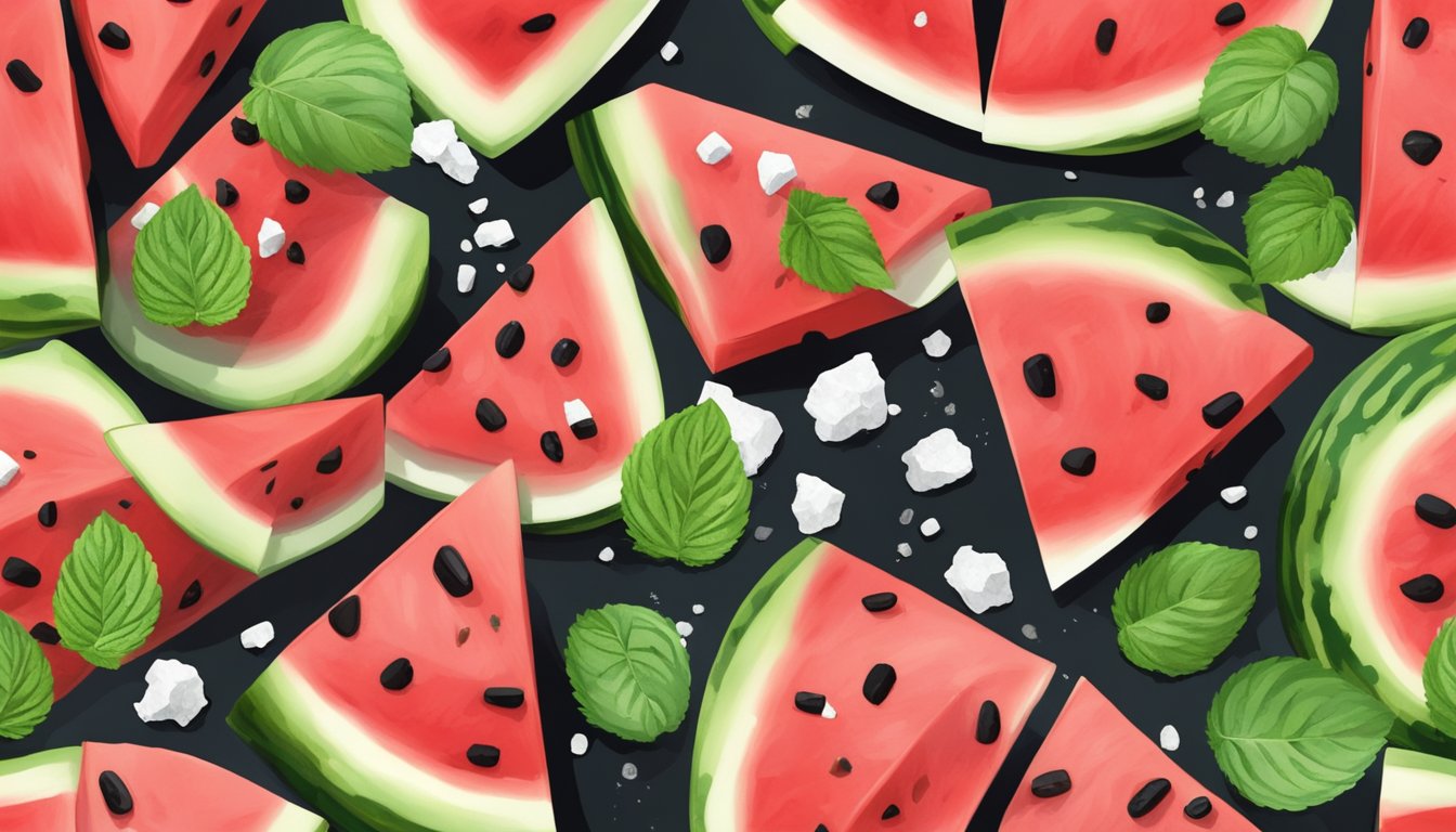 A sliced watermelon with crumbled feta cheese on top, garnished with fresh mint leaves and a drizzle of balsamic glaze