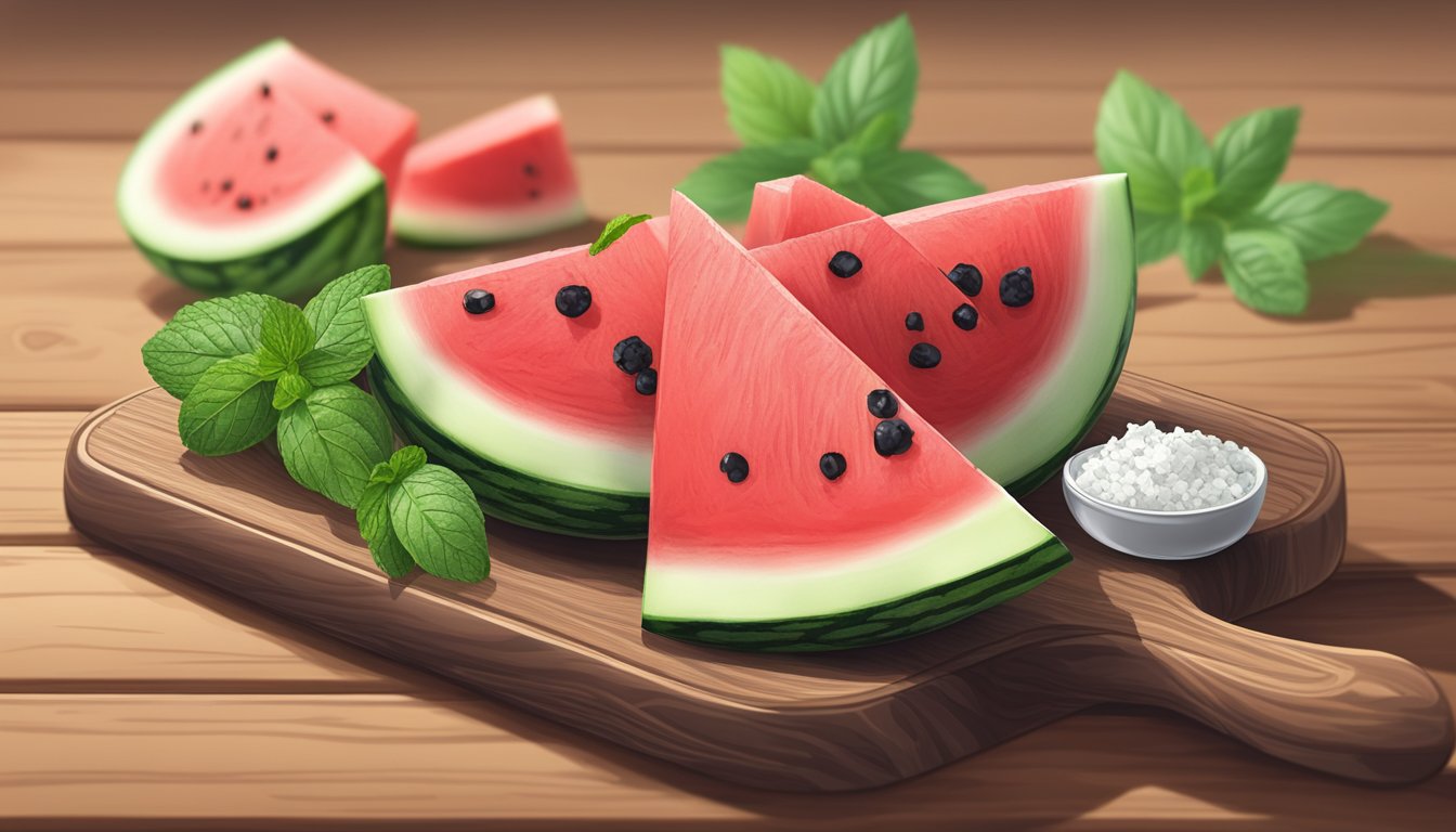 A sliced watermelon with crumbled feta cheese on a wooden cutting board, surrounded by fresh mint leaves and a sprinkle of black pepper