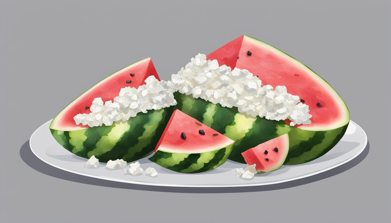 A slice of watermelon topped with crumbled feta cheese on a white plate