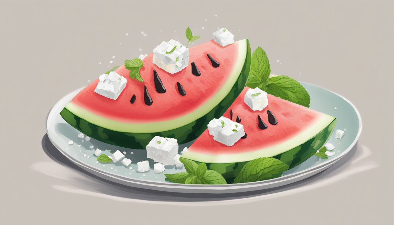 A watermelon sliced and topped with crumbled feta cheese, garnished with fresh mint leaves and a drizzle of balsamic glaze