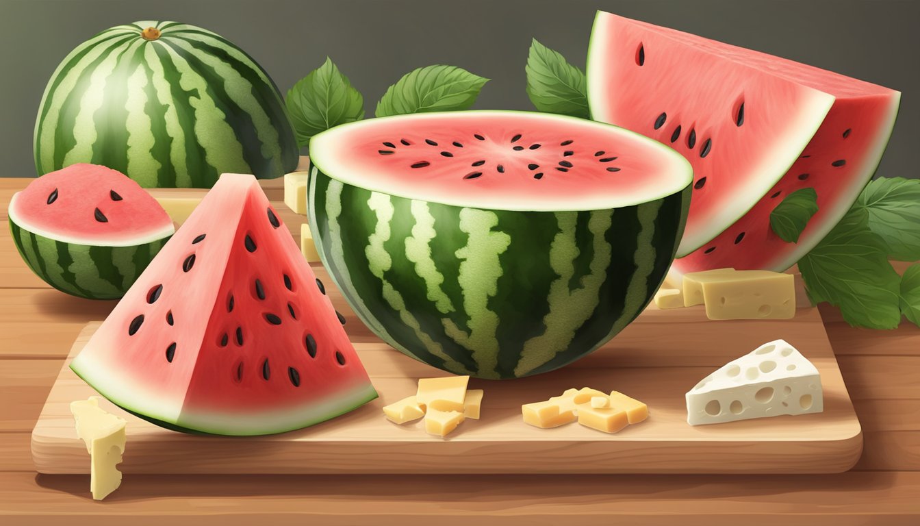 A ripe watermelon sliced open, with chunks of cheese arranged on a wooden cutting board